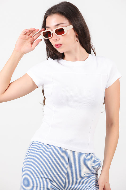 Kadın Fitilli Parçalı Bluz Beyaz