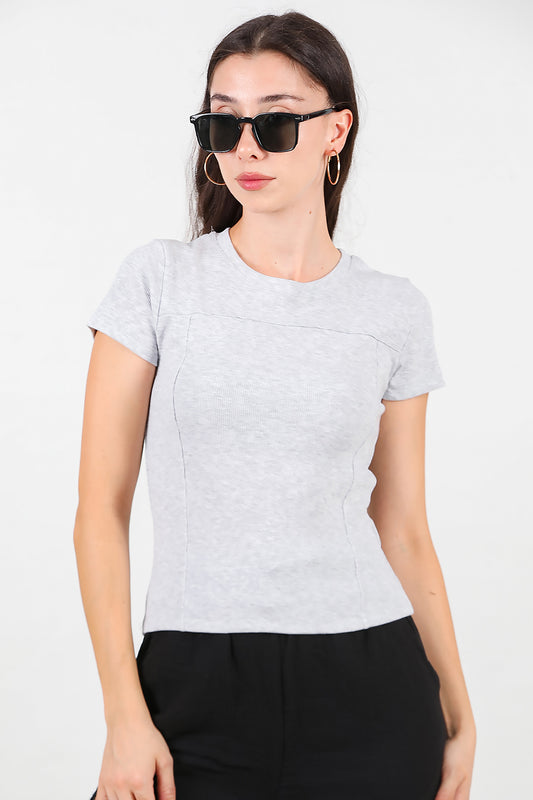 Kadın Fitilli Parçalı Bluz Gri