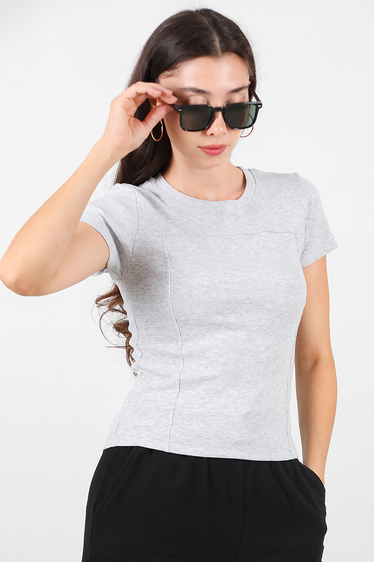 Kadın Fitilli Parçalı Bluz Gri