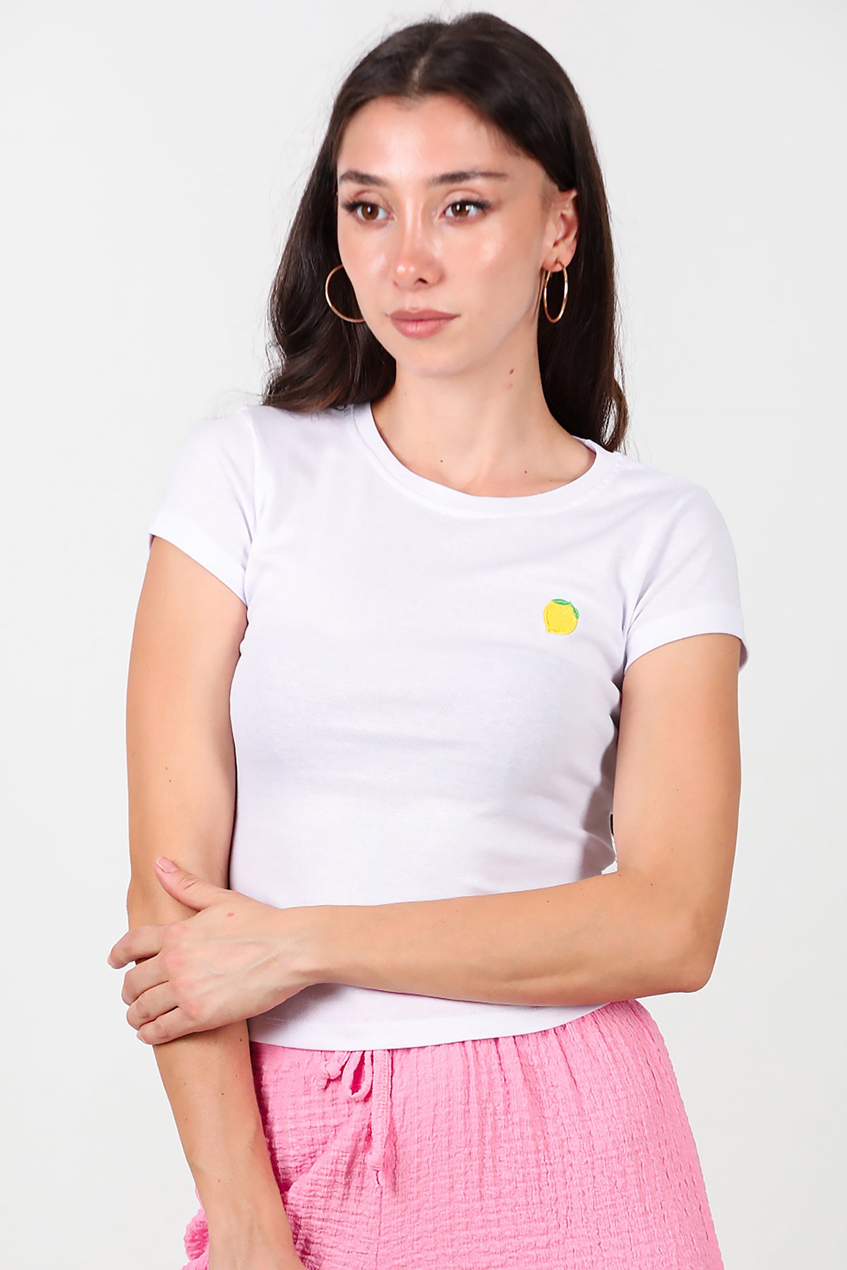 Kadın Limon Nakışlı Bluz Beyaz