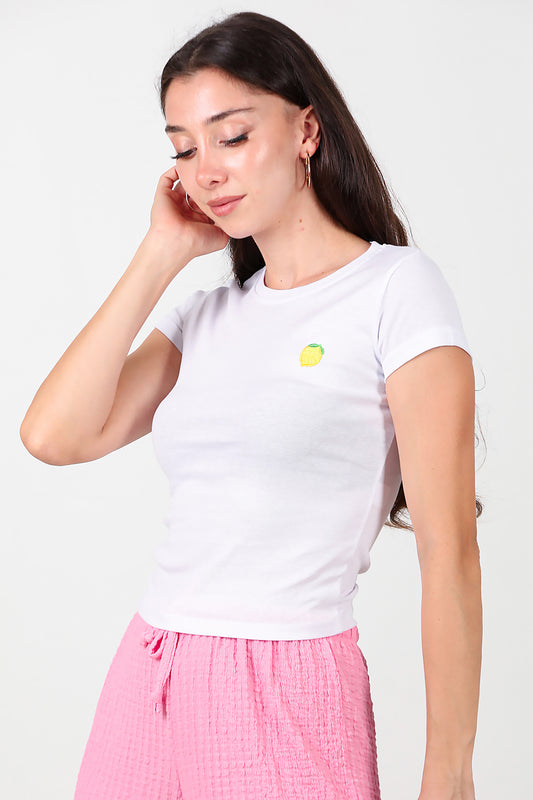 Kadın Limon Nakışlı Bluz Beyaz