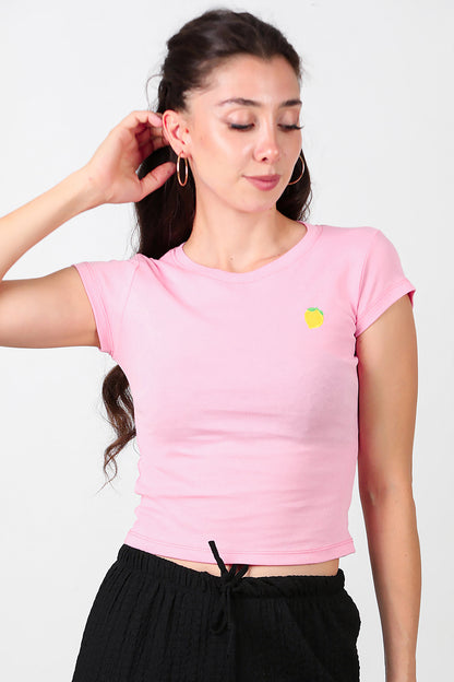 Kadın Limon Nakışlı Bluz Pembe