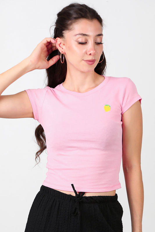 Kadın Limon Nakışlı Bluz Pembe