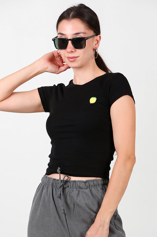 Kadın Limon Nakışlı Bluz Siyah