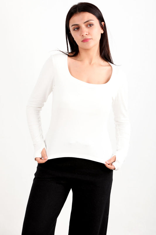 Thumbline Kadın Kare Yaka Parmak Geçmeli Bluz Ekru