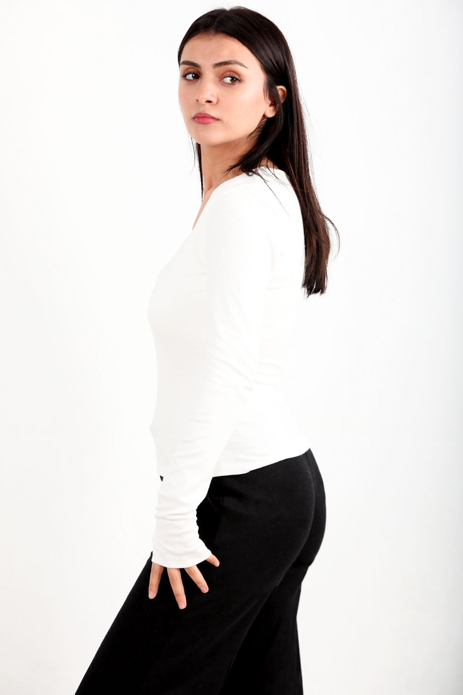 Thumbline Kadın Kare Yaka Parmak Geçmeli Bluz Ekru