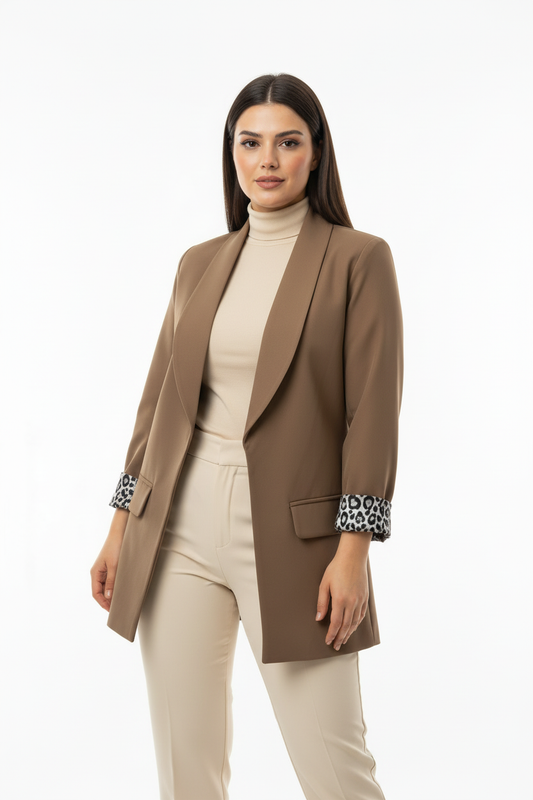 Leopard Blazer Ceket Bej