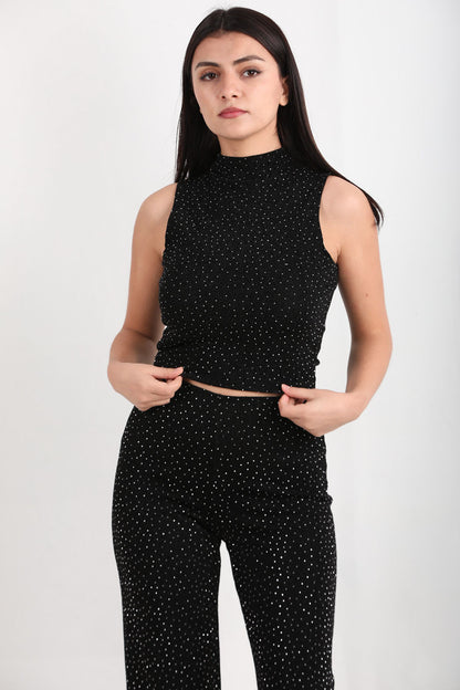 Shinex Kadın Balıkçı Yaka Kolsuz Simli Bluz Siyah