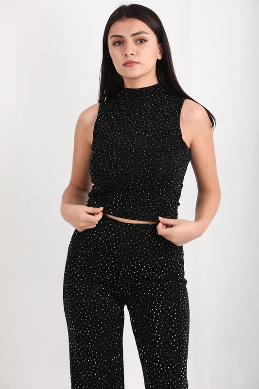 Shinex Kadın Balıkçı Yaka Kolsuz Simli Bluz Siyah