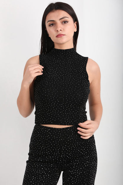 Shinex Kadın Balıkçı Yaka Kolsuz Simli Bluz Siyah