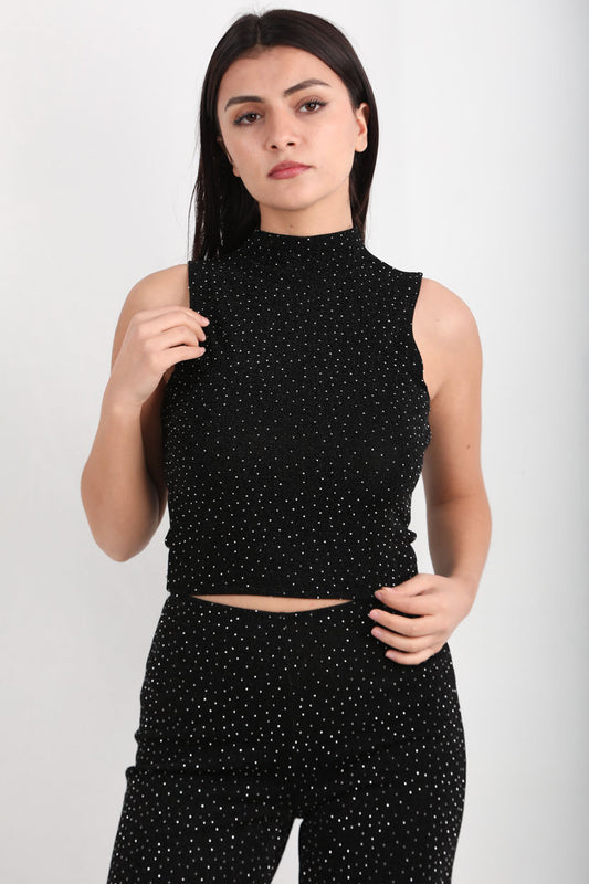 Shinex Kadın Balıkçı Yaka Kolsuz Simli Bluz Siyah