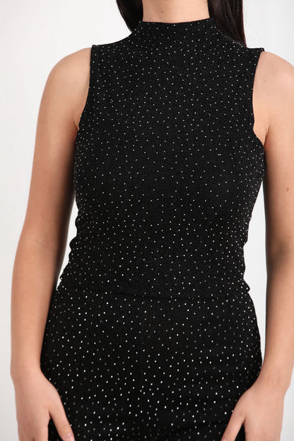 Shinex Kadın Balıkçı Yaka Kolsuz Simli Bluz Siyah