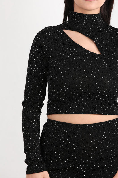 Kadın Açık Yaka Simli Bluz Siyah