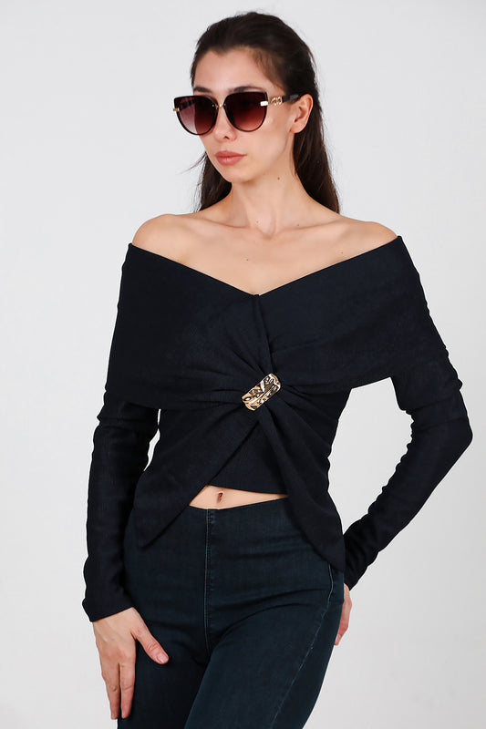 Kadın Şal Yaka Aksesuar Detay Bluz Lacivert
