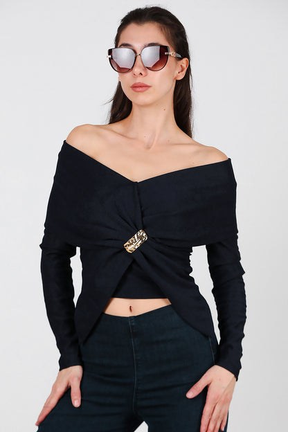 Kadın Şal Yaka Aksesuar Detay Bluz Lacivert