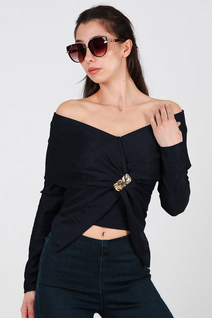 Kadın Şal Yaka Aksesuar Detay Bluz Lacivert