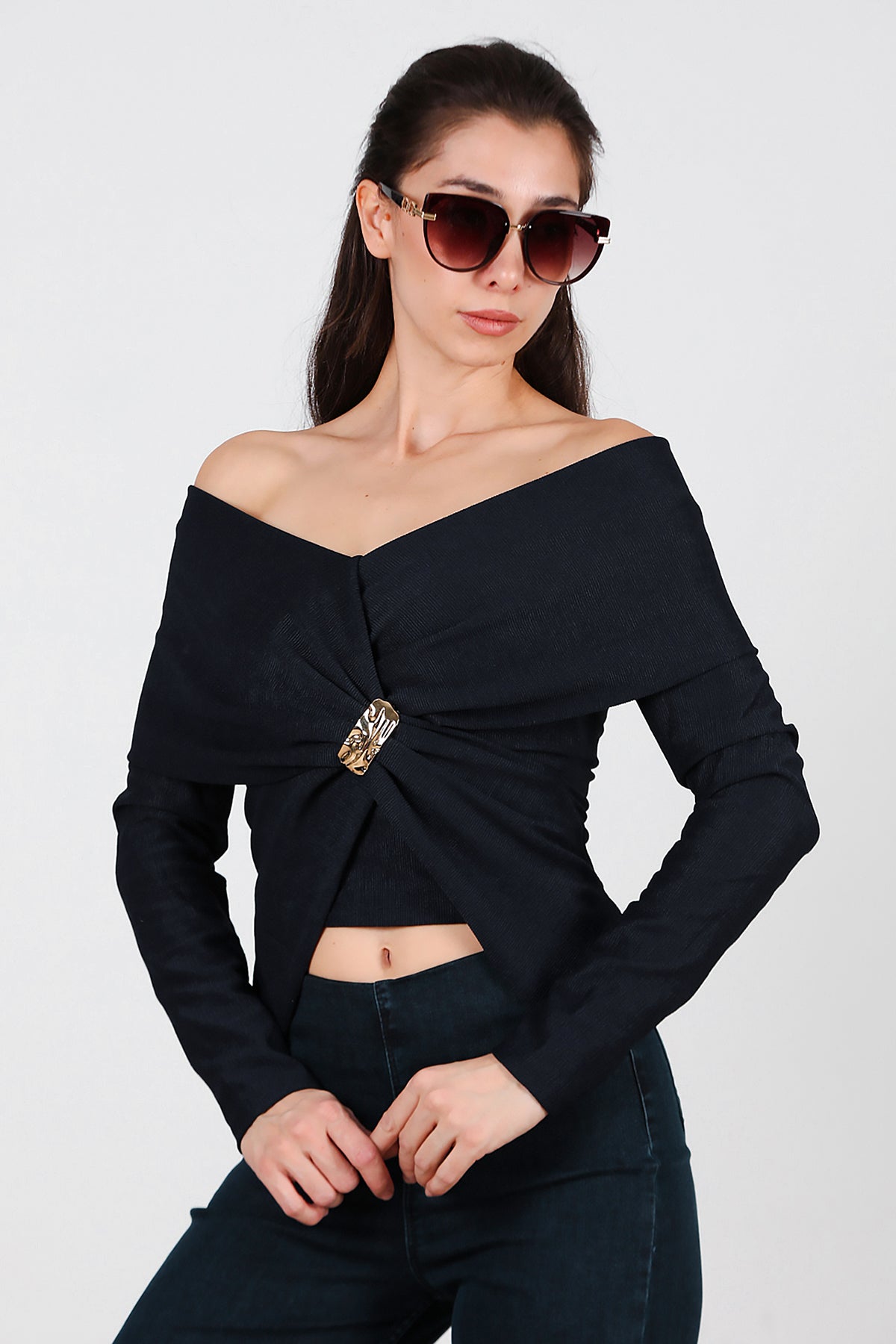 Kadın Şal Yaka Aksesuar Detay Bluz Lacivert