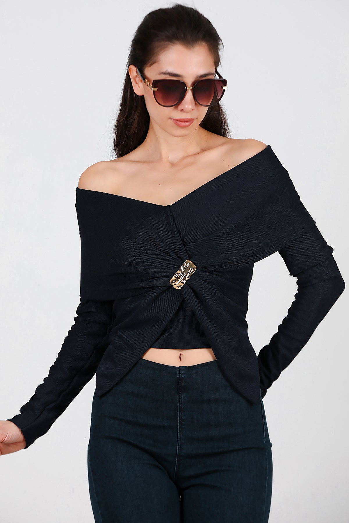 Kadın Şal Yaka Aksesuar Detay Bluz Lacivert