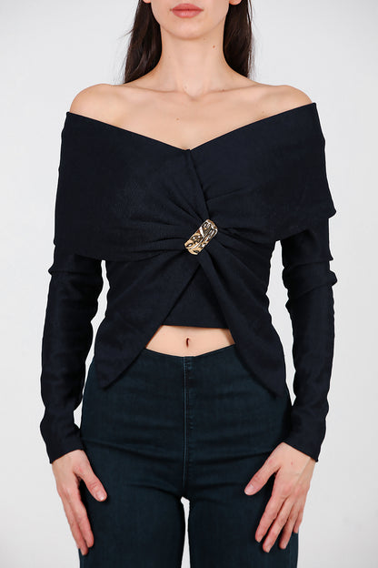 Kadın Şal Yaka Aksesuar Detay Bluz Lacivert