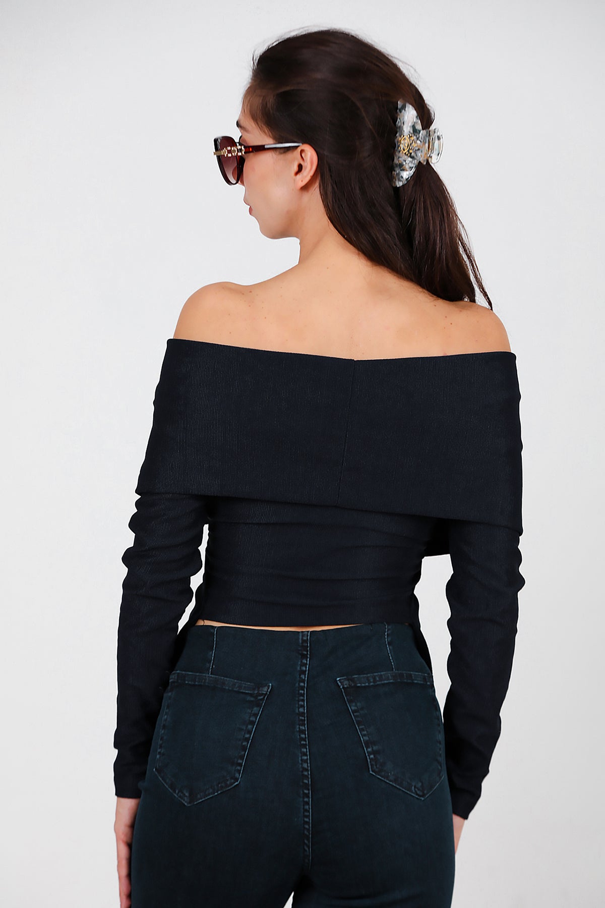 Kadın Şal Yaka Aksesuar Detay Bluz Lacivert