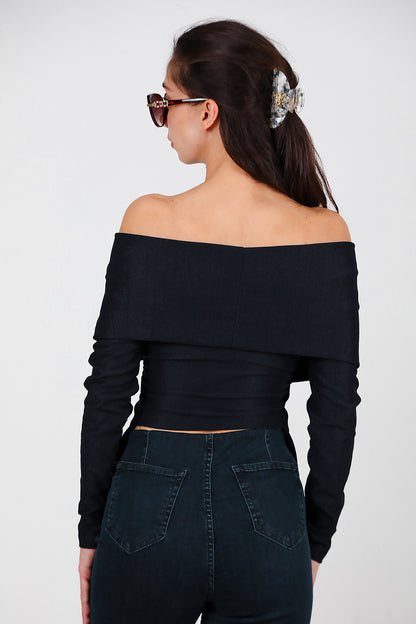 Kadın Şal Yaka Aksesuar Detay Bluz Lacivert