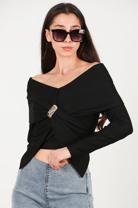 Kadın Şal Yaka Aksesuar Detay Bluz Siyah