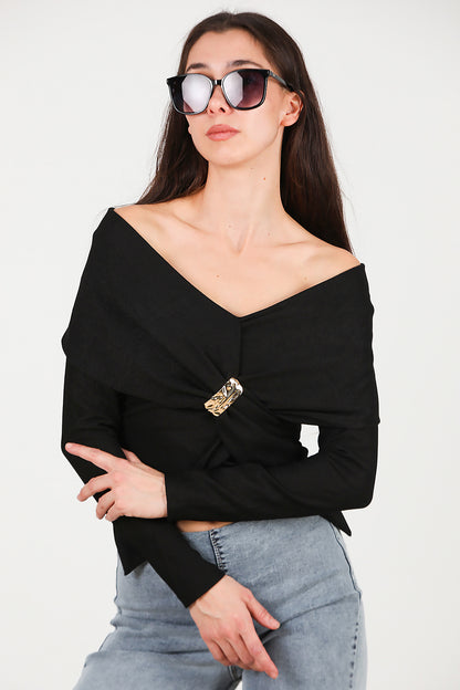 Kadın Şal Yaka Aksesuar Detay Bluz Siyah