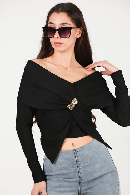 Kadın Şal Yaka Aksesuar Detay Bluz Siyah
