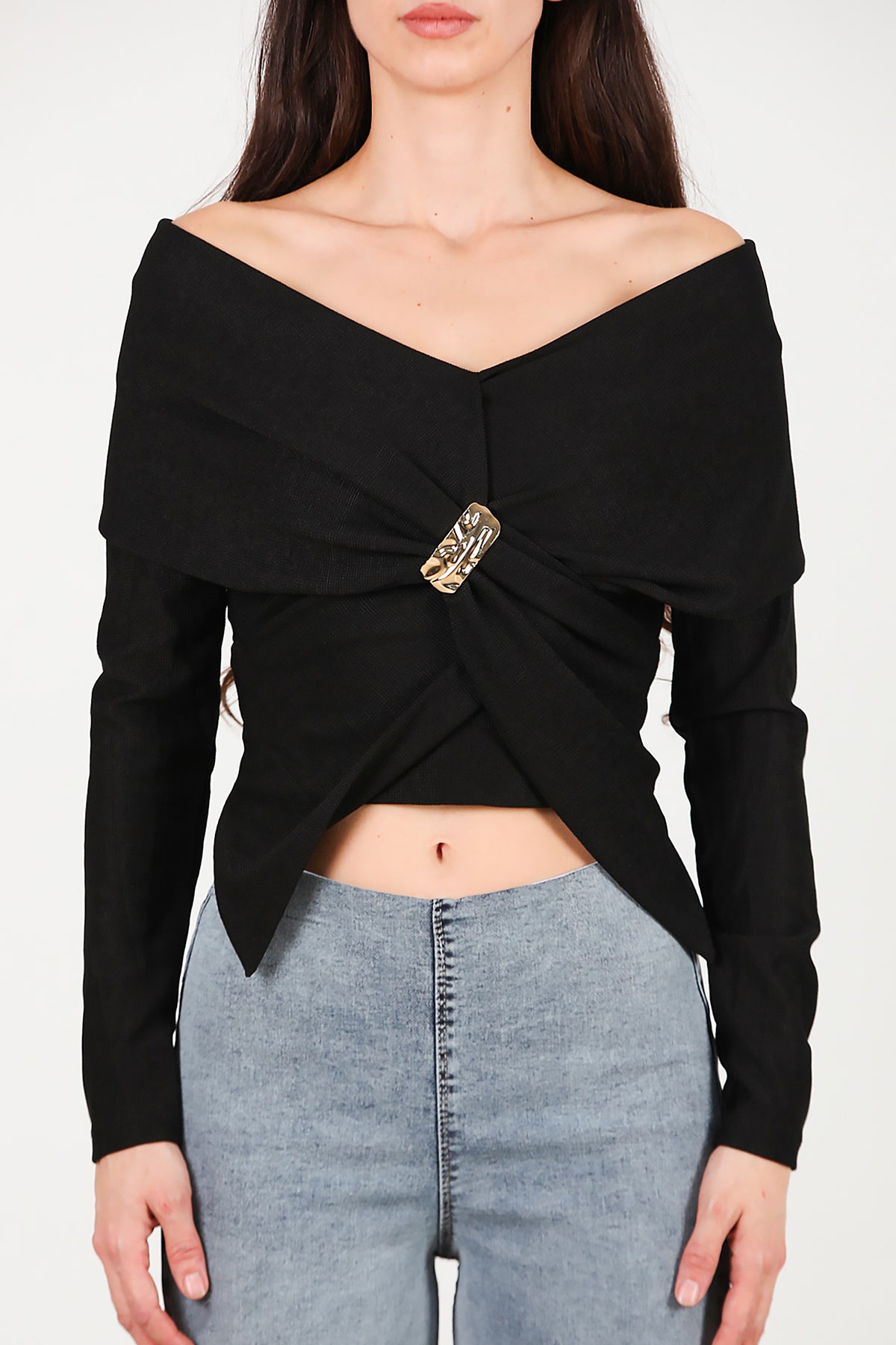 Kadın Şal Yaka Aksesuar Detay Bluz Siyah