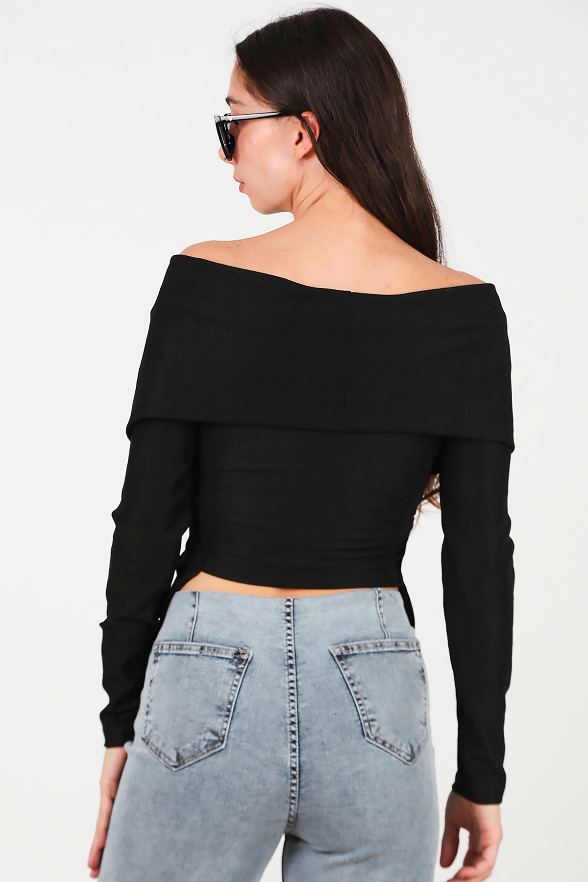 Kadın Şal Yaka Aksesuar Detay Bluz Siyah