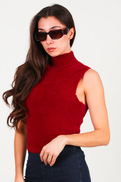 Kadın Kolsuz Balıkçı Yaka Sakallı Bluz Bordo