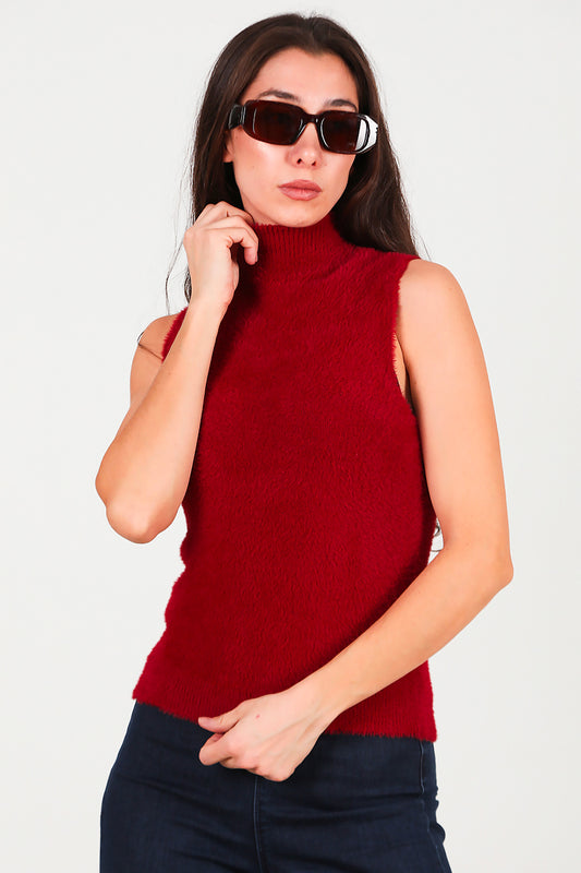 Kadın Kolsuz Balıkçı Yaka Sakallı Bluz Bordo