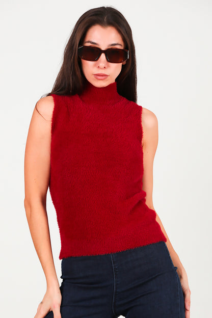 Kadın Kolsuz Balıkçı Yaka Sakallı Bluz Bordo