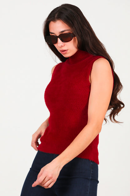Kadın Kolsuz Balıkçı Yaka Sakallı Bluz Bordo