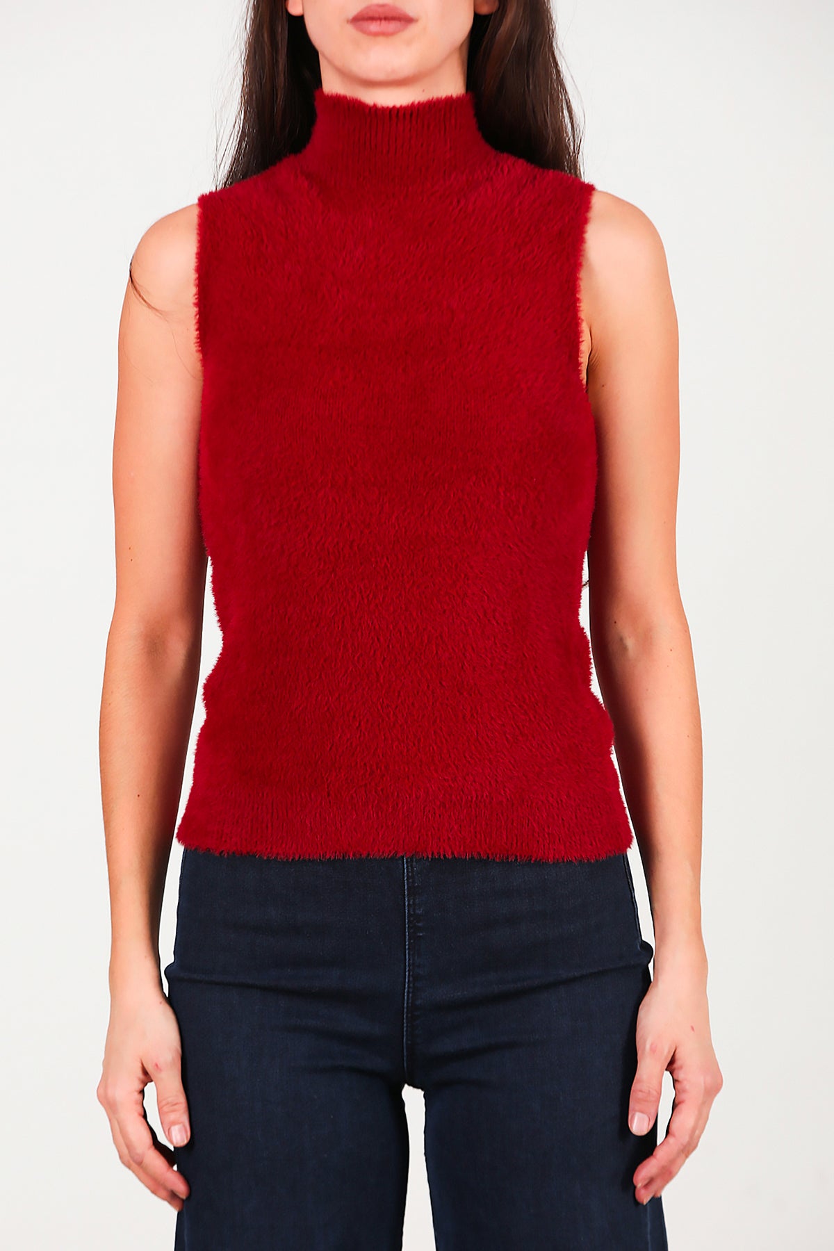 Kadın Kolsuz Balıkçı Yaka Sakallı Bluz Bordo