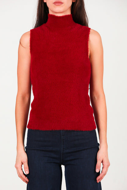 Kadın Kolsuz Balıkçı Yaka Sakallı Bluz Bordo