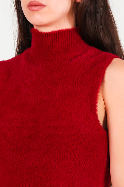 Kadın Kolsuz Balıkçı Yaka Sakallı Bluz Bordo