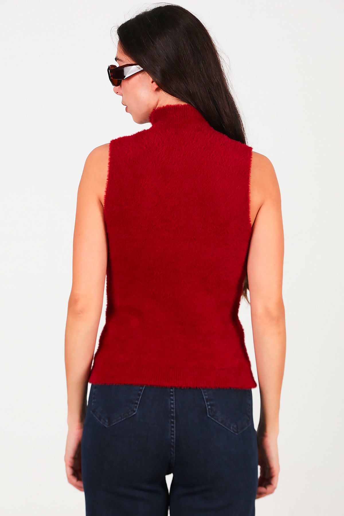 Kadın Kolsuz Balıkçı Yaka Sakallı Bluz Bordo