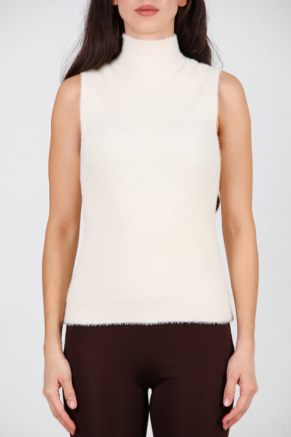 Kadın Kolsuz Balıkçı Yaka Sakallı Bluz Krem