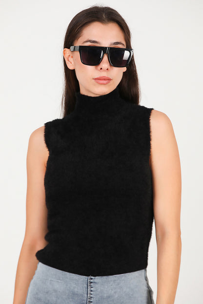 Kadın Kolsuz Balıkçı Yaka Sakallı Bluz Siyah