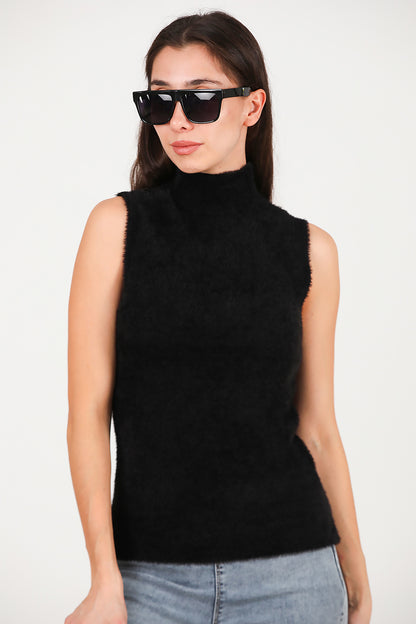 Kadın Kolsuz Balıkçı Yaka Sakallı Bluz Siyah