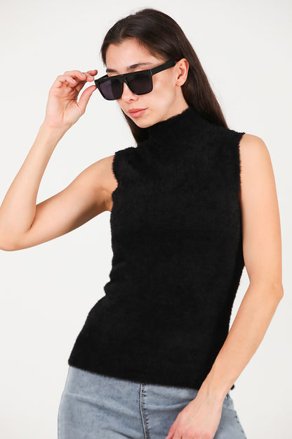 Kadın Kolsuz Balıkçı Yaka Sakallı Bluz Siyah