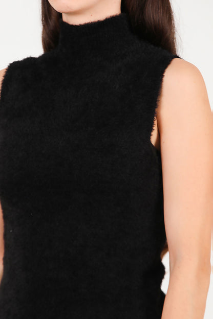 Kadın Kolsuz Balıkçı Yaka Sakallı Bluz Siyah