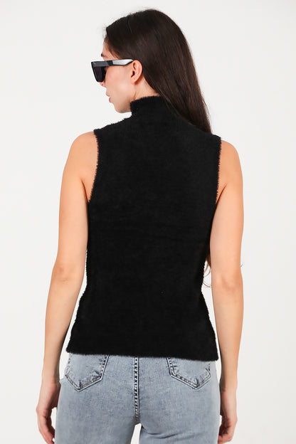 Kadın Kolsuz Balıkçı Yaka Sakallı Bluz Siyah