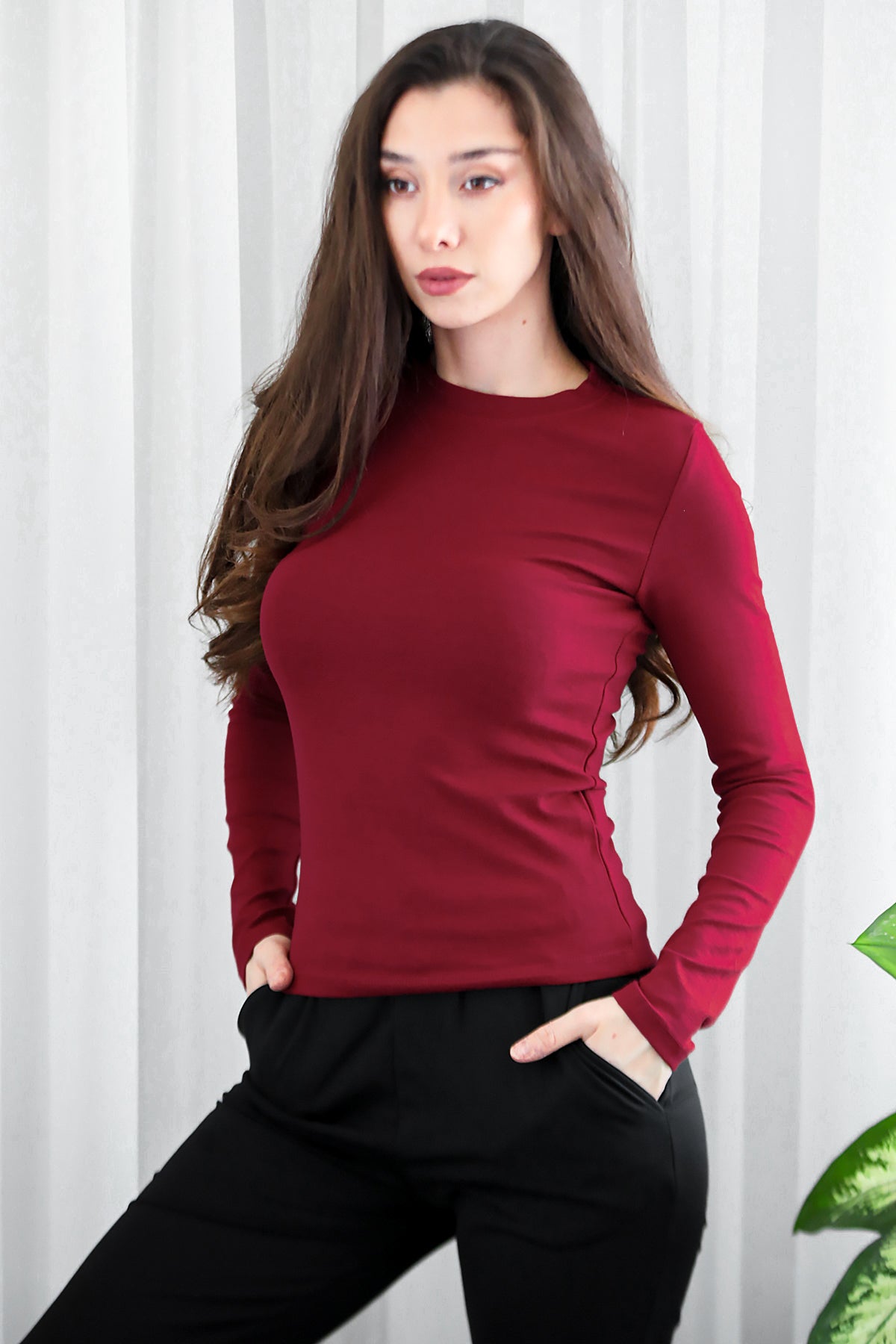 Kadın Bisiklet Yaka Bluz Bordo