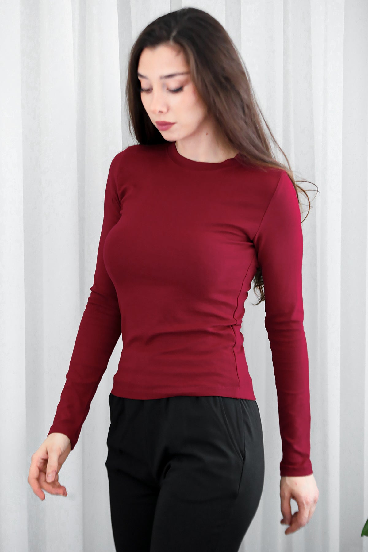 Kadın Bisiklet Yaka Bluz Bordo