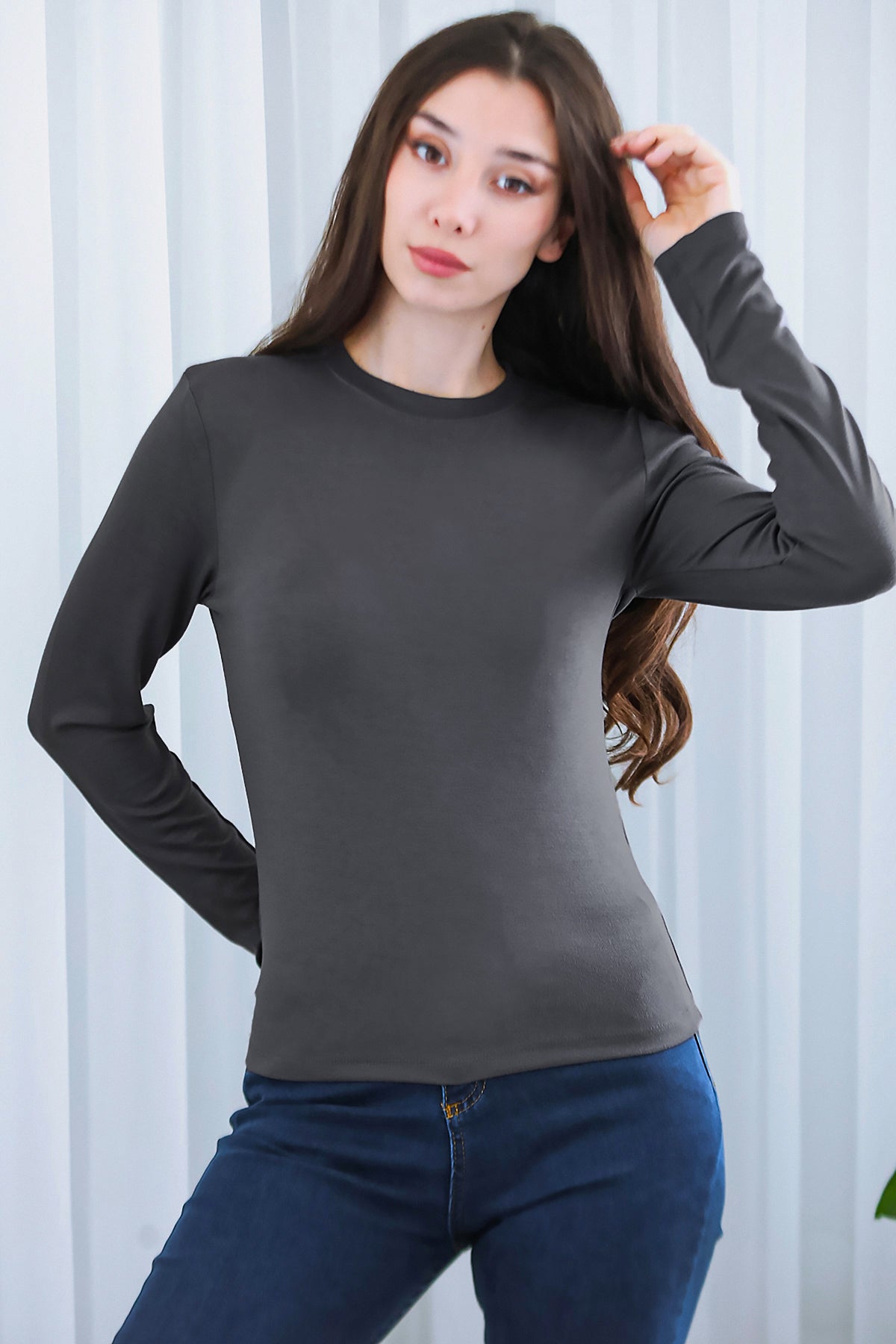 Kadın Bisiklet Yaka Bluz Füme