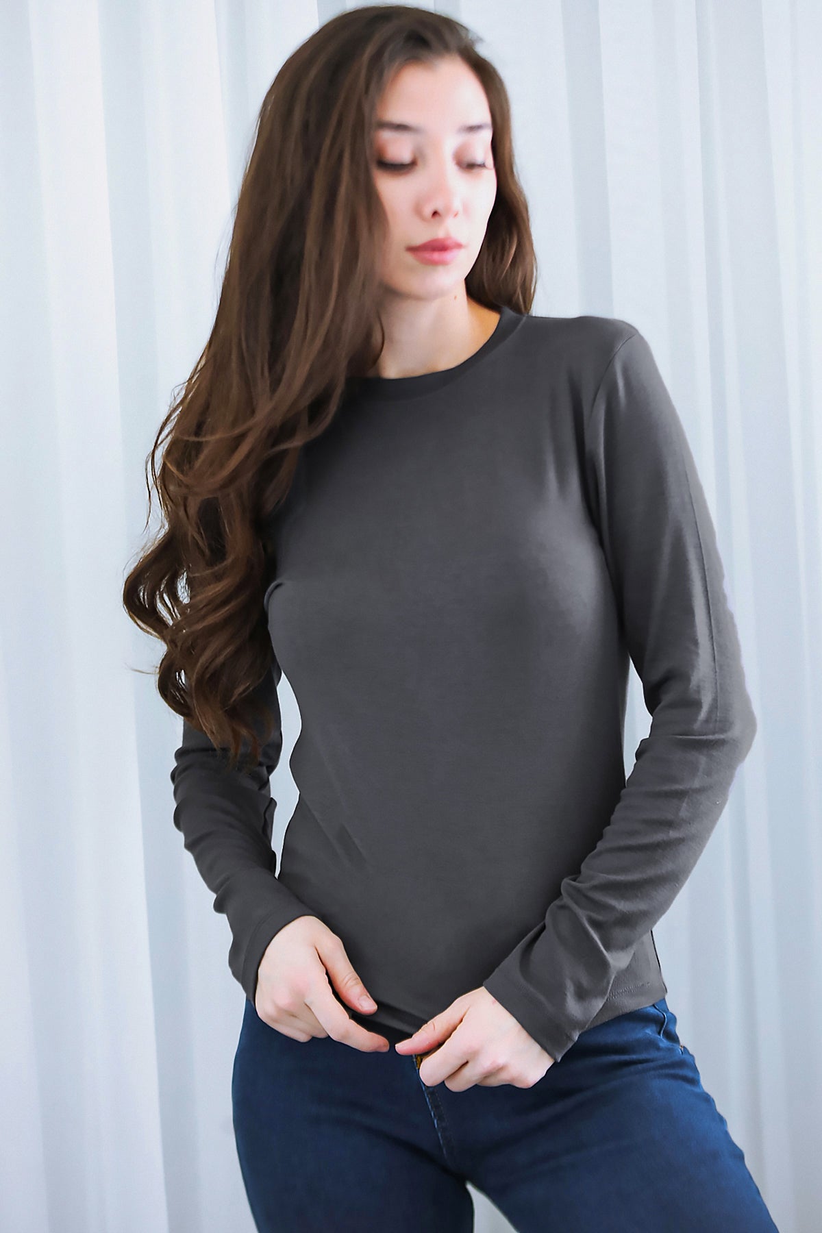 Kadın Bisiklet Yaka Bluz Füme