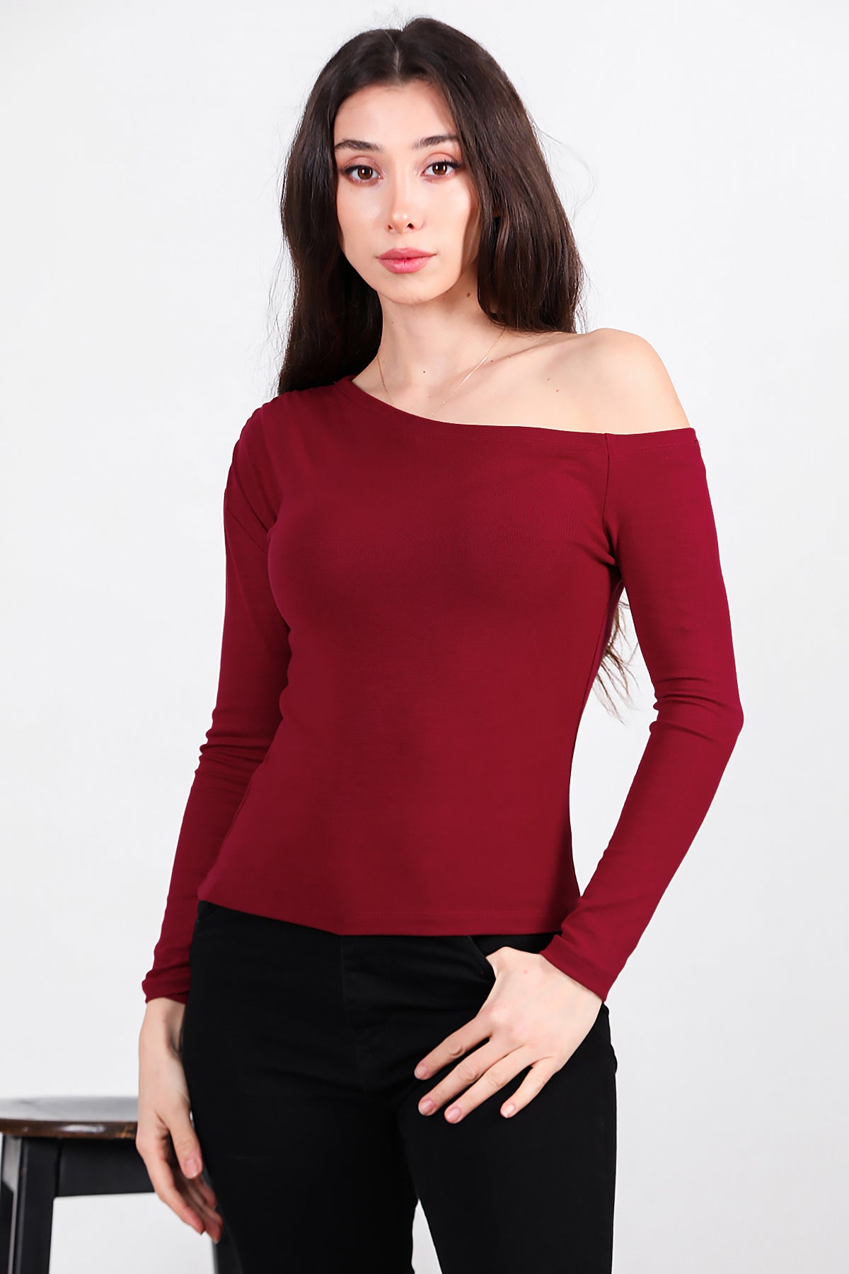 Kadın Omuz Büzgülü Uzun Kol Bluz Bordo