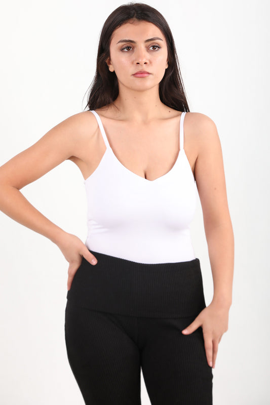 Bodyslip Kadın V Yaka Askılı Zıbın Bluz Beyaz